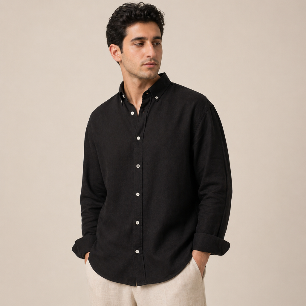 Relaxed Black Linen Cotton Blend Shirt