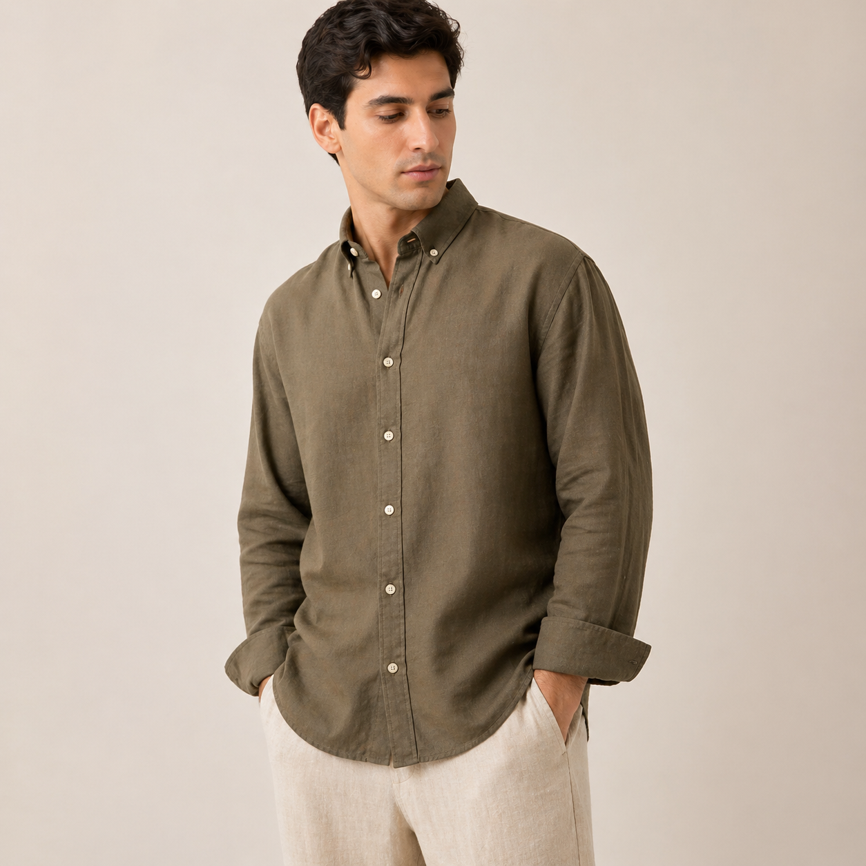 Relaxed Olive Linen Cotton Blend Shirt