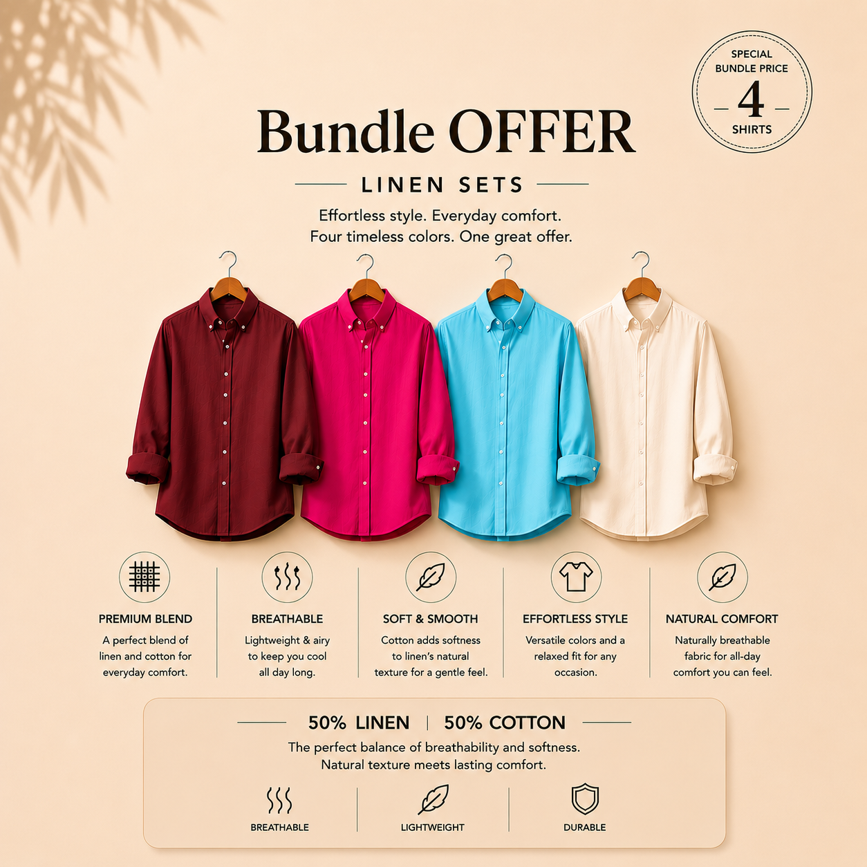 4 Relaxed Linen Cotton Shirts + FREE Shipping