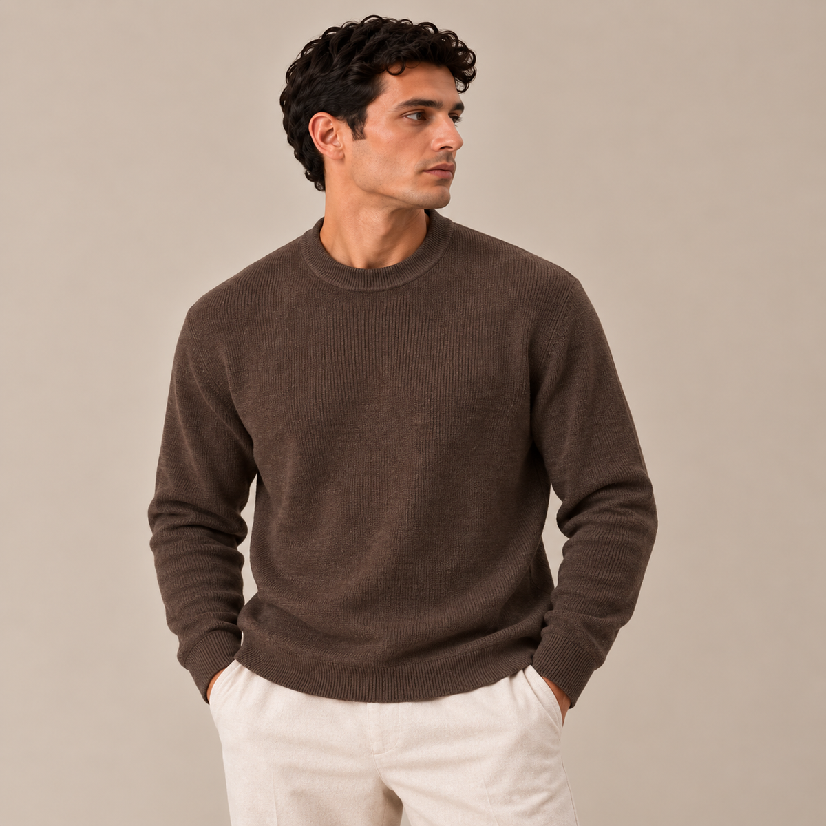 Knitted Wool Crewneck Sweater — Chocolate Brown