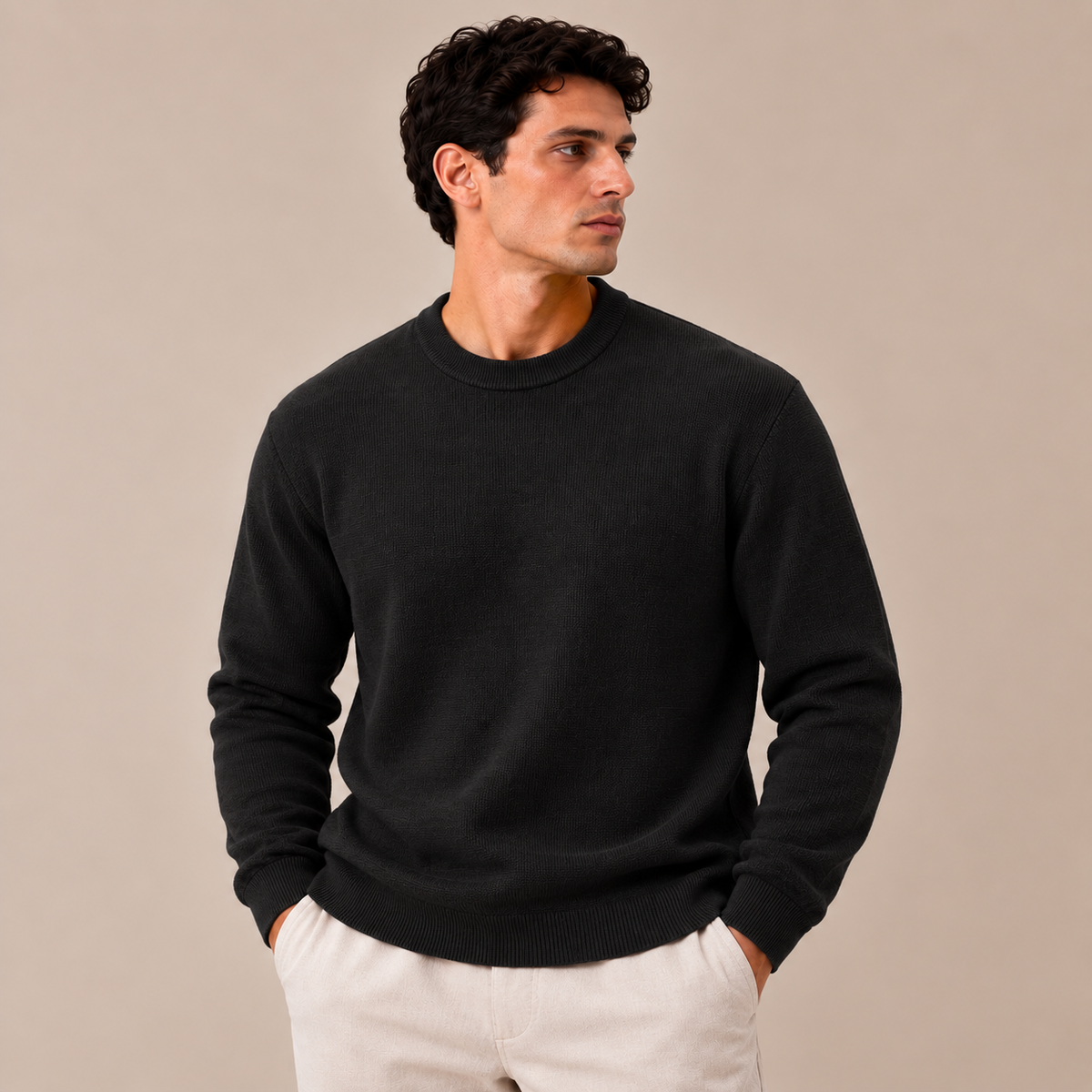 Knitted Wool Crewneck Sweater — Black