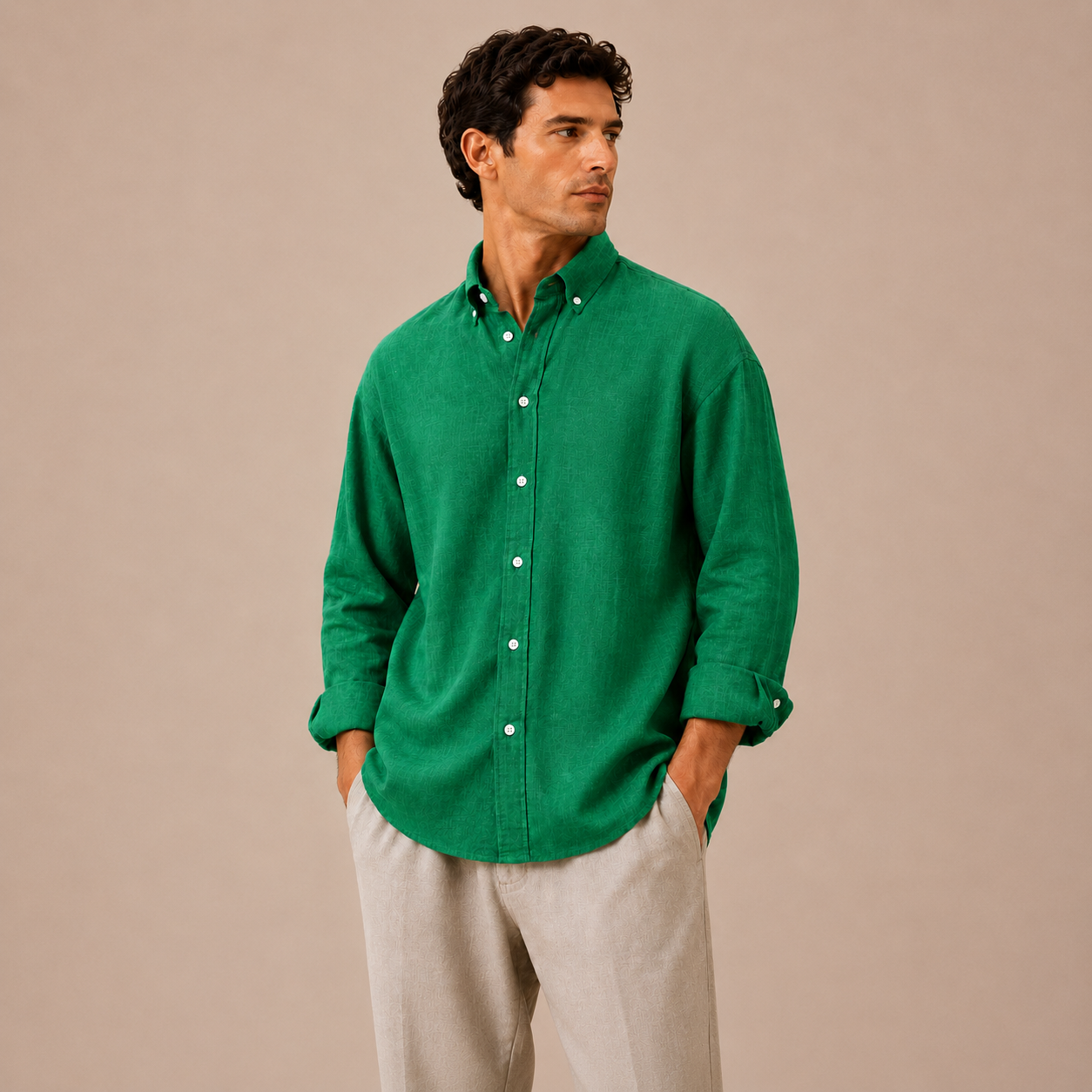 Relaxed Green Linen Cotton Blend Shirt