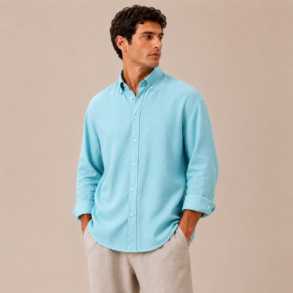 Relaxed Baby Blue Linen Cotton Blend Shirt