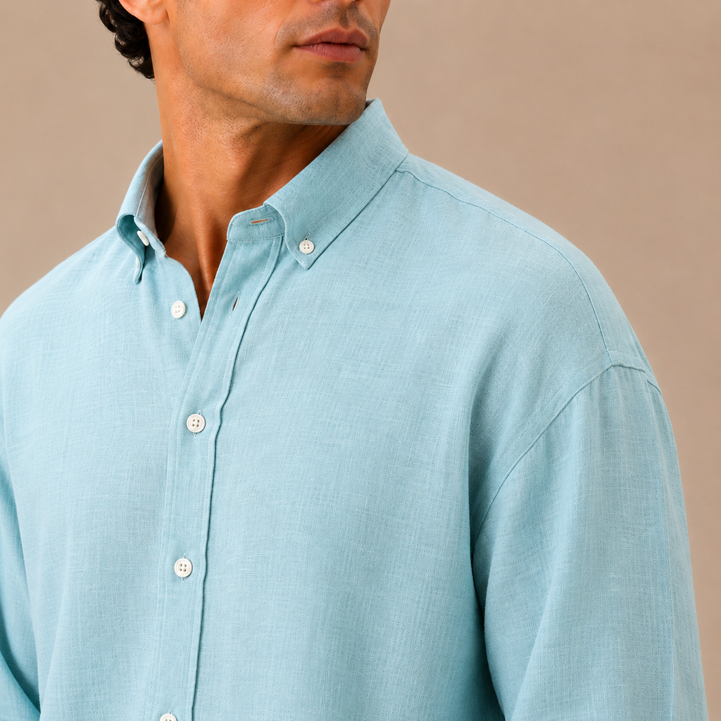 Relaxed Baby Blue Linen Cotton Blend Shirt