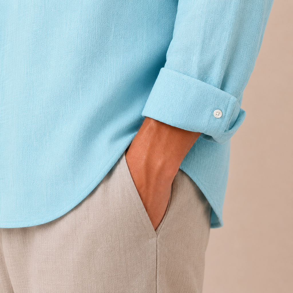 Relaxed Baby Blue Linen Cotton Blend Shirt