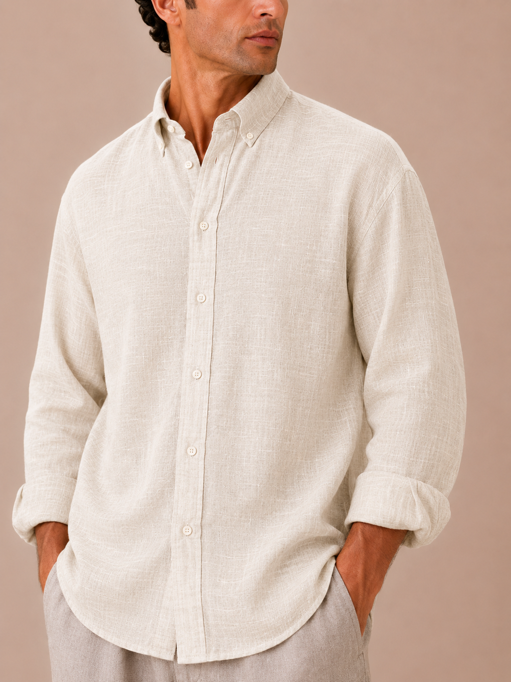 Relaxed Beige Linen Cotton Blend Shirt