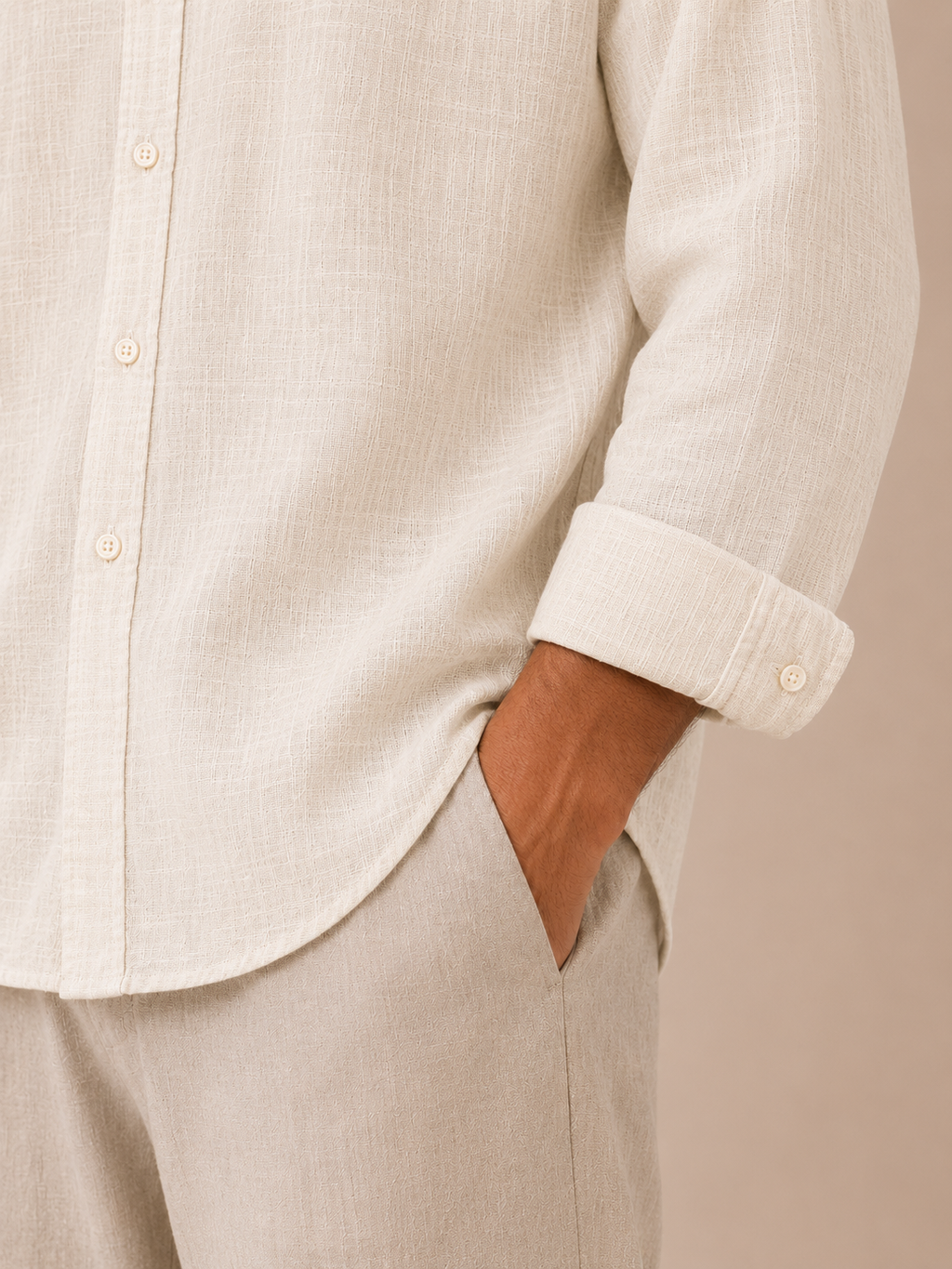 Relaxed Beige Linen Cotton Blend Shirt