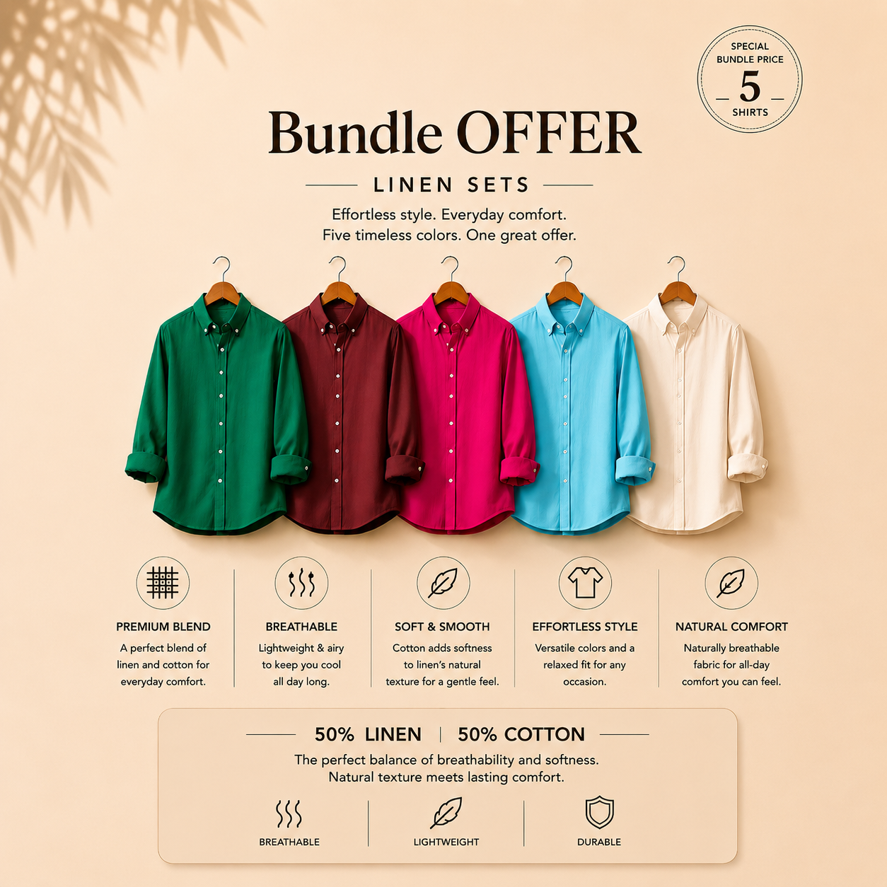 5 Linen Cotton Relaxed Shirts + FREE Shipping