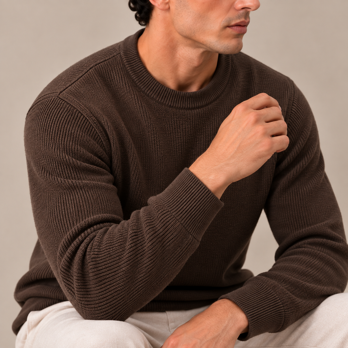 Knitted Wool Crewneck Sweater — Chocolate Brown