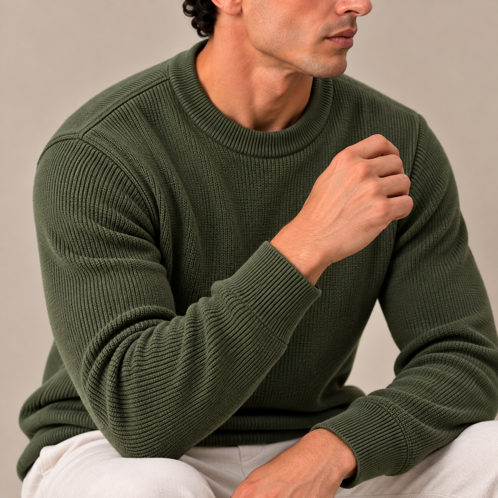 Wool Knitted Crewneck Sweater — Olive