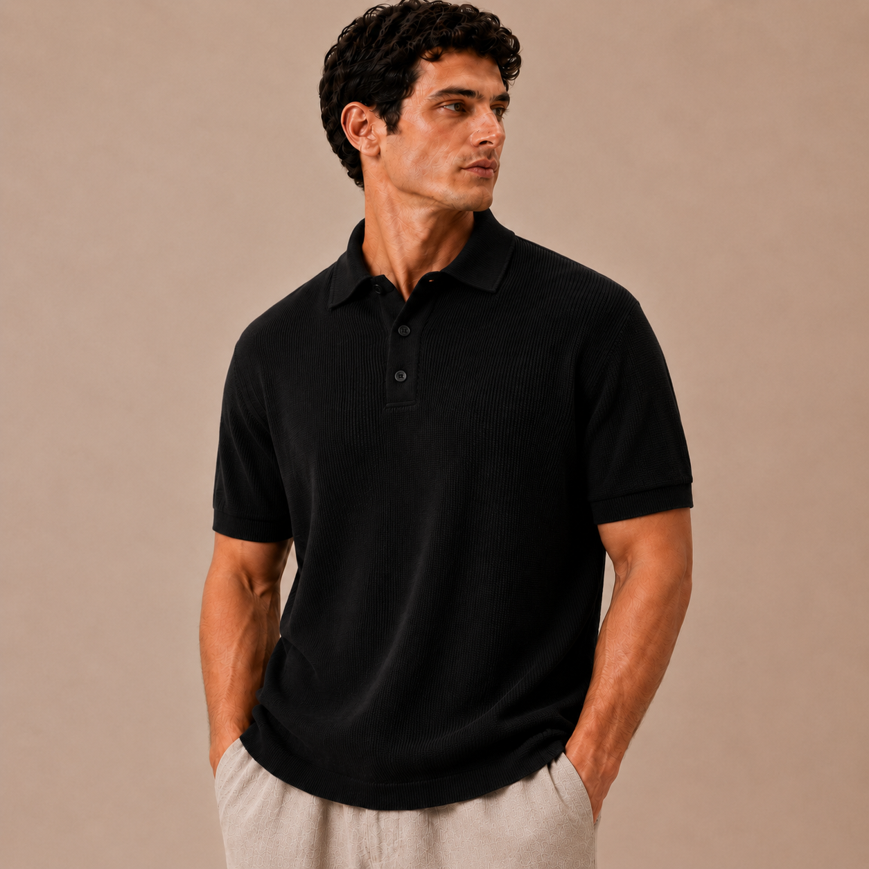 100% Cotton Knit Polo Shirt - Black