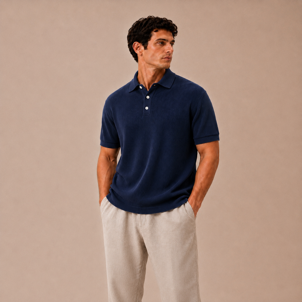 100% Cotton Knit Polo Shirt - Navy Blue