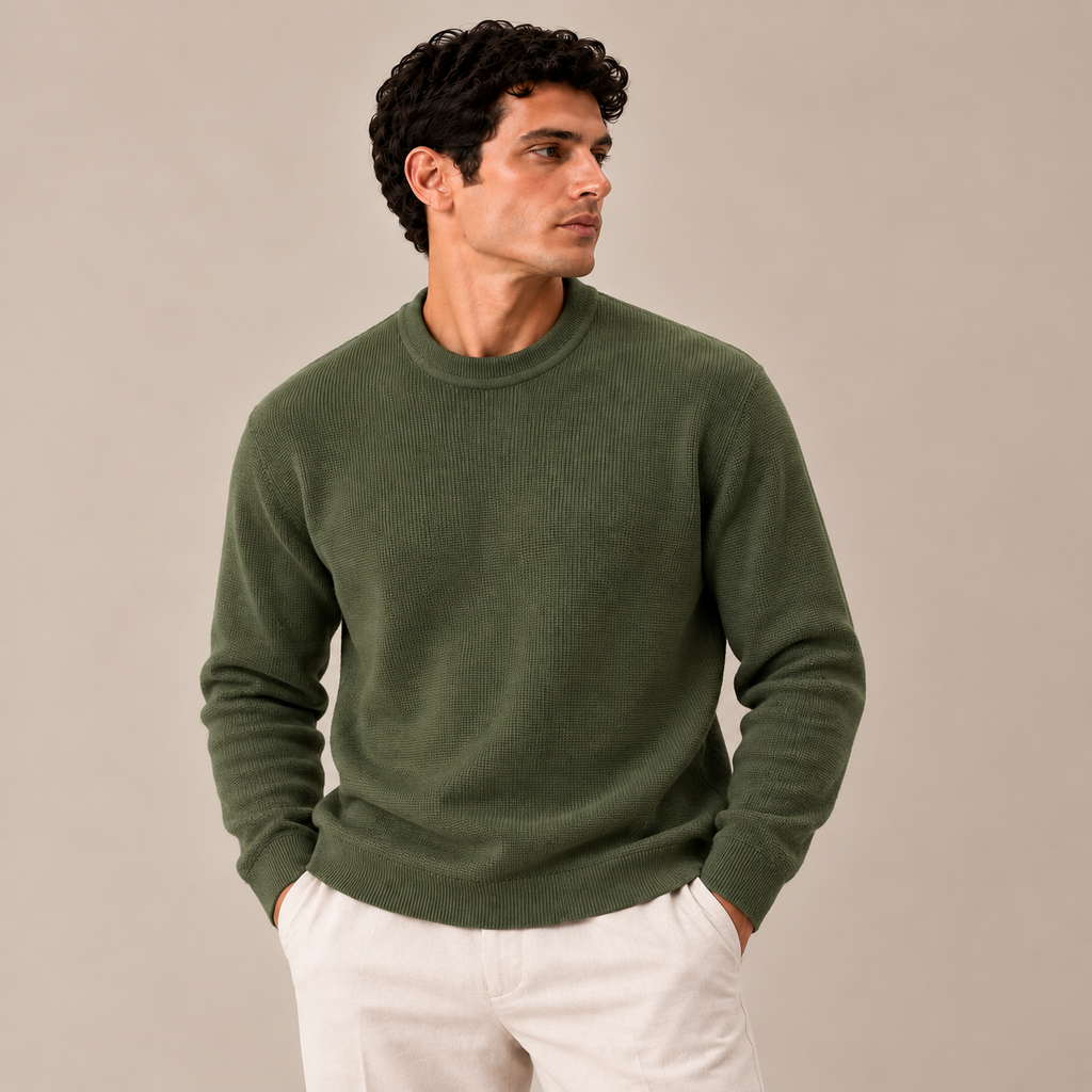 Wool Knitted Crewneck Sweater — Olive